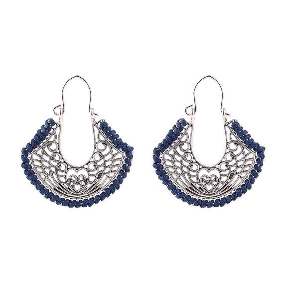 Besheek Blue and Silvertone Openwork Abstract Heart Latch Earrings