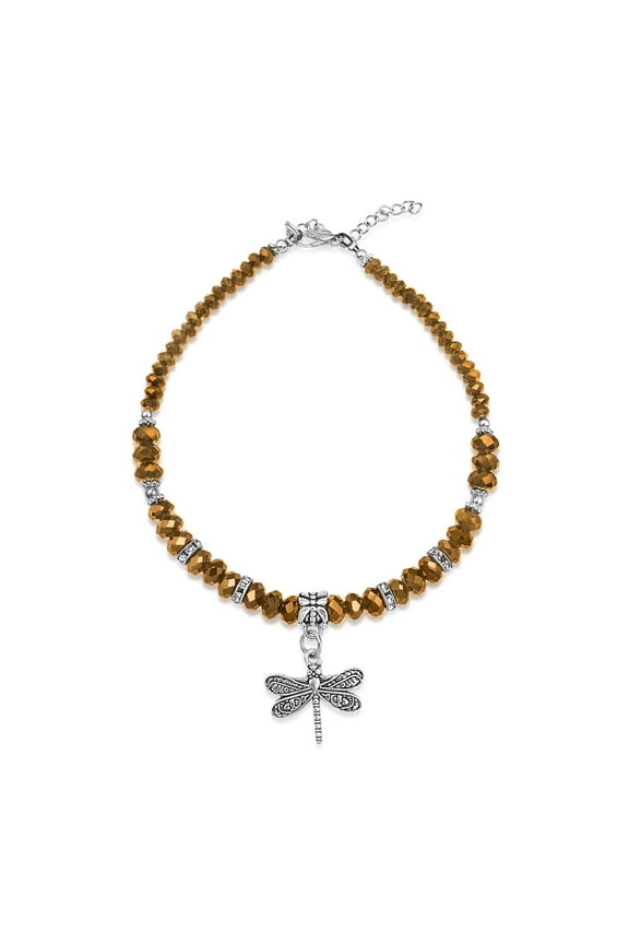 Copper Crystal & Silvertone Dragonfly Charm Adjustable Beaded Anklet