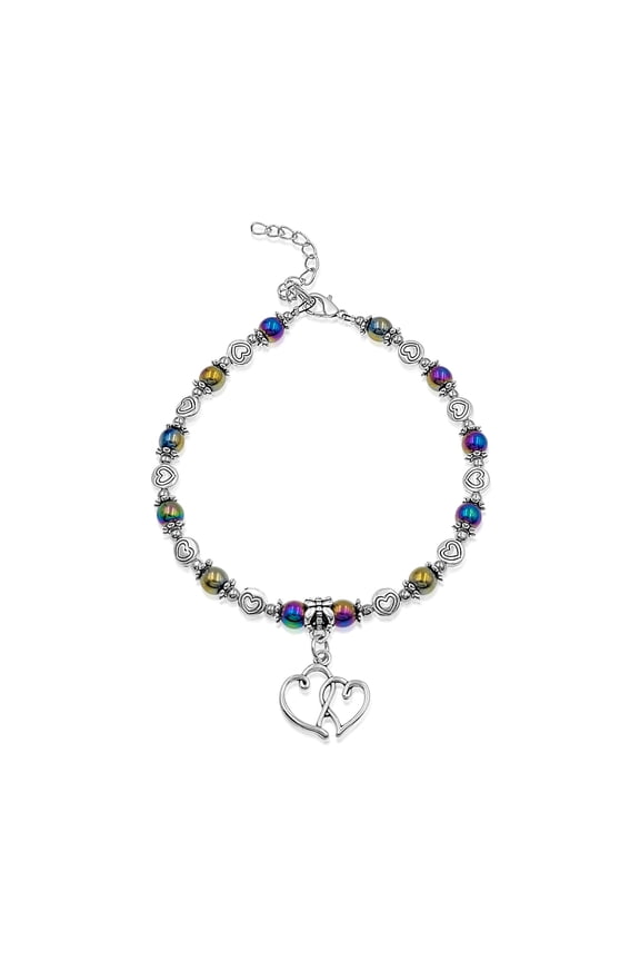 Dual Hearts Round Rainbow Hematite Stone & Heart Artisan Beaded Adjustable Anklet