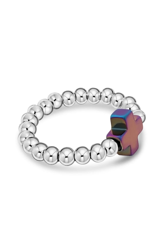 Electroplate Hematite Cross Beaded Stretch Rings. Rainbow
