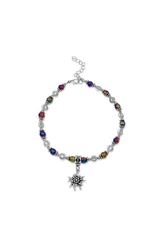 Flower Round Rainbow Hematite Stone and Hearts Adjustable Anklet