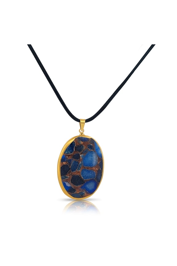Goldtone Blue Mosaic Quartz Oval Locket Boho Necklace Pendant