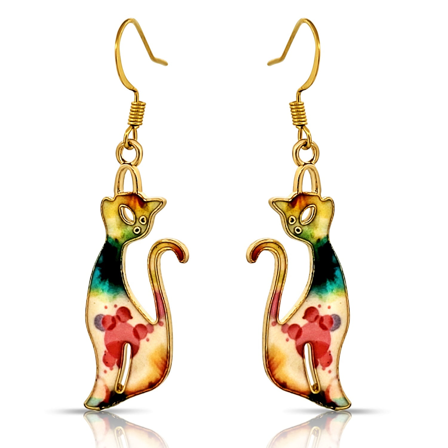 BESHEEK Goldtone Colorful Kitty Cat Boho Style Dangle Earrings