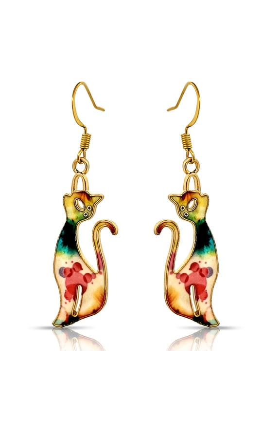 Goldtone Colorful Kitty Cat Boho Style Dangle Earrings