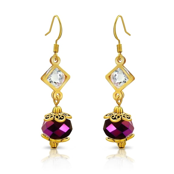 Besheek Goldtone Diamond and Luster Purple Crystal Boho Dangle Earrings