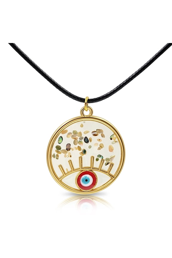 Goldtone & Resin Red Evil Eye Circle Pendant Boho Style Necklace