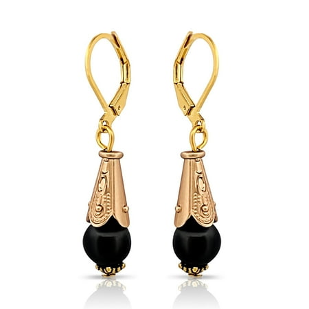 Besheek Goldtone and Gray Hematite Stone Leverback Cone Dangle Earrings