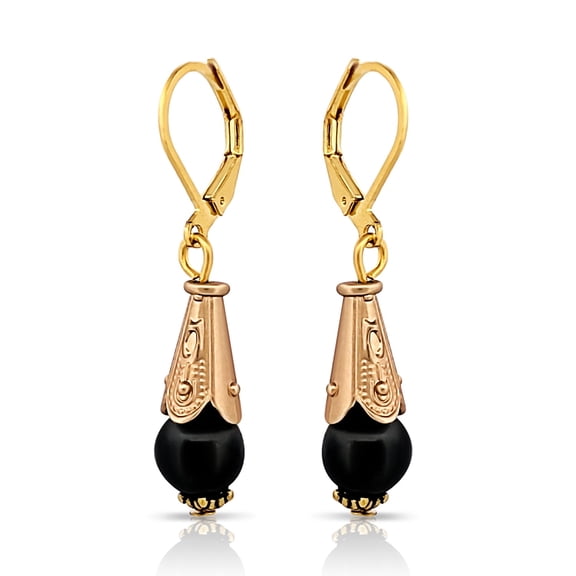 Besheek Goldtone and Gray Hematite Stone Leverback Cone Dangle Earrings