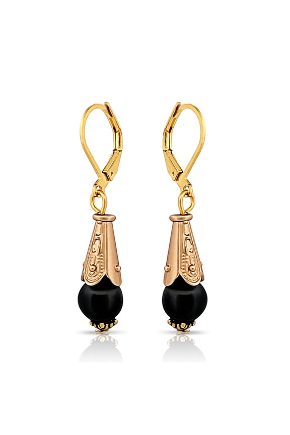 Goldtone and Gray Hematite Stone Leverback Cone Dangle Earrings