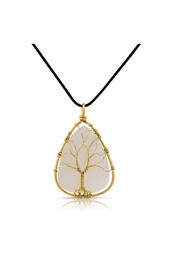 Goldtone and Opalite Wire Wrapped Tree of Life Boho Style Pendant