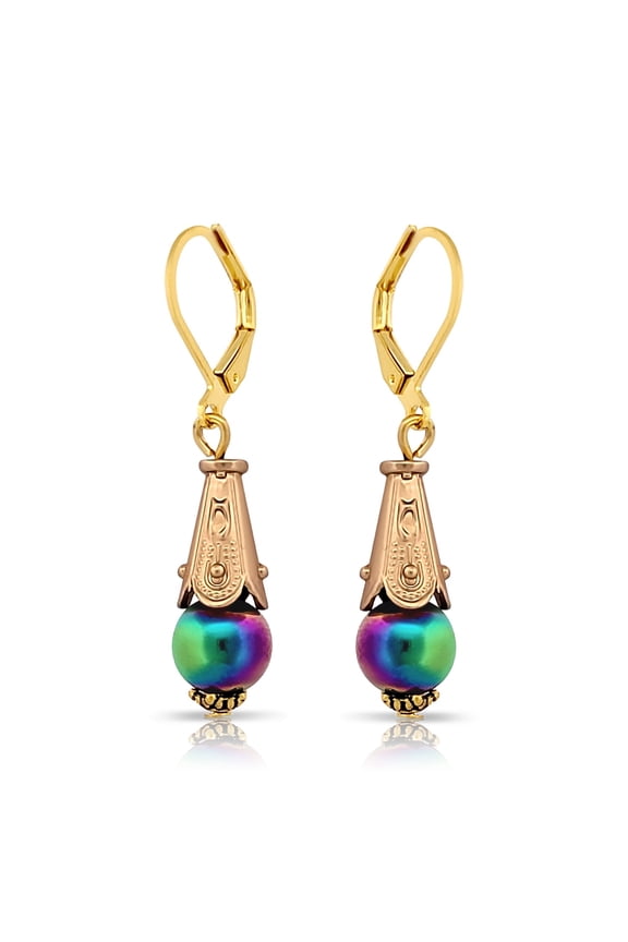 Goldtone and Rainbow Hematite Leverback Cone Dangle Earrings