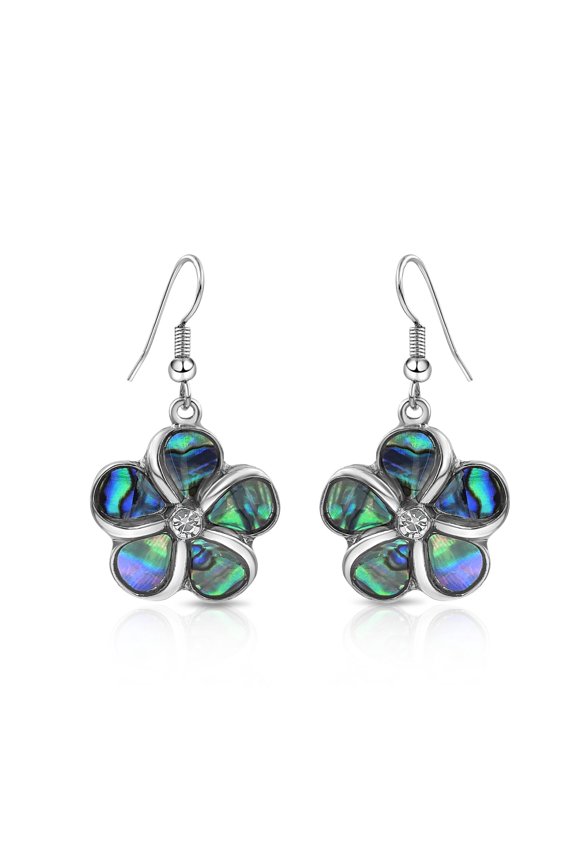 Green Abalone Flower with Rhinestone Boho Style Dangle Earrings