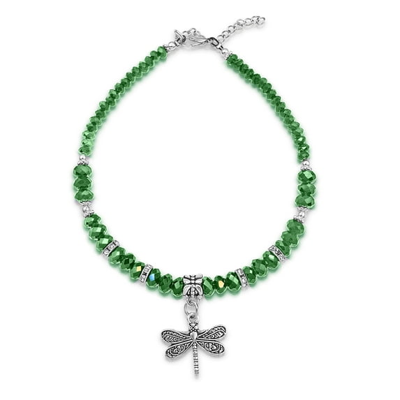 Besheek Green Crystal & Silvertone Dragonfly Charm Adjustable Anklet