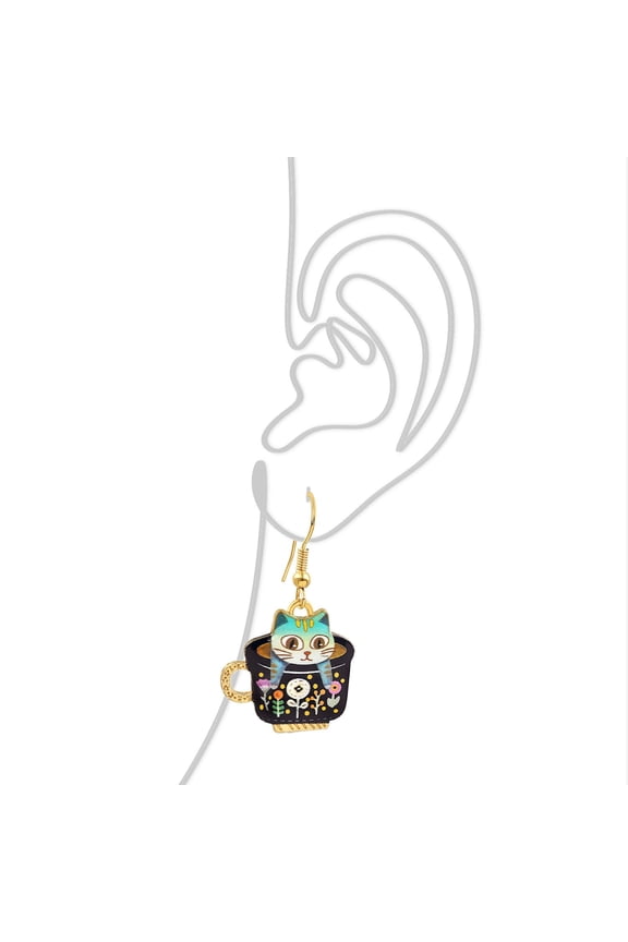 Handmade Black & Goldtone Tea Cup Kitty Boho Style Drop Earrings