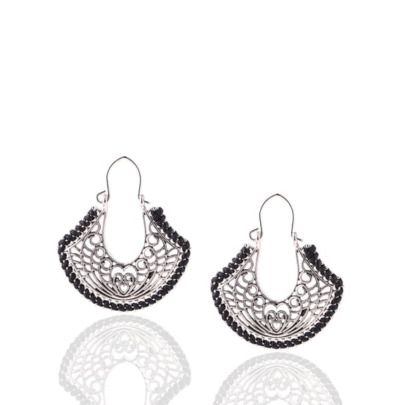 Besheek Handmade Boho Black & Silvertone Filigree Key Latch Drop Earrings