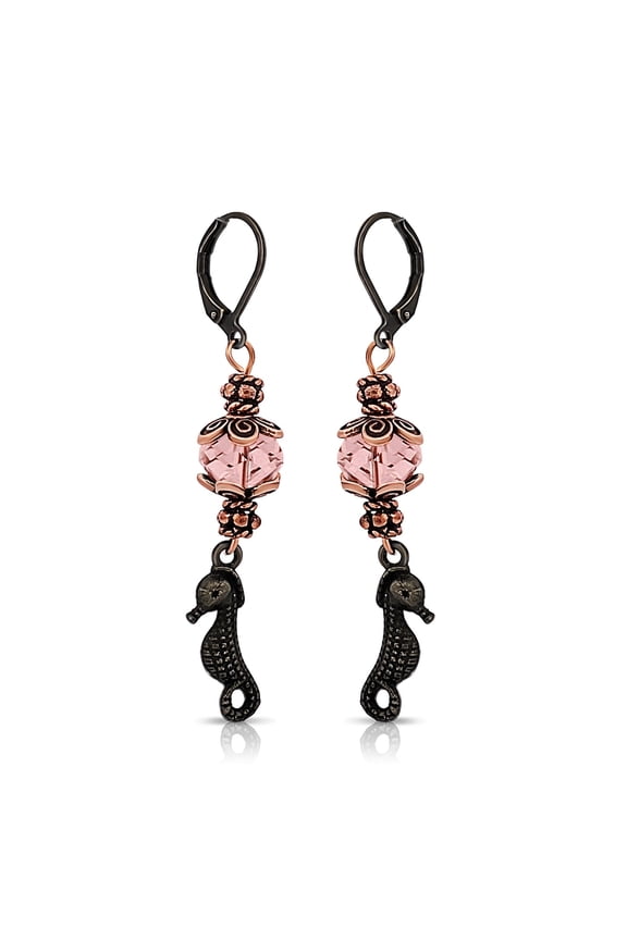 Handmade Copper and Pink Crystal Seahorse Boho Chic Dangle Earrings