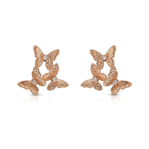 Besheek Handmade Goldtone 3D Butterfly and Rhinestone Dangle Stud Earrings