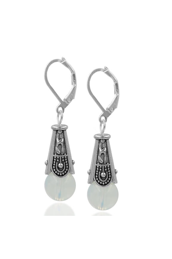 Handmade Moonstone and Silvertone Bali Cone Leverback Earrings
