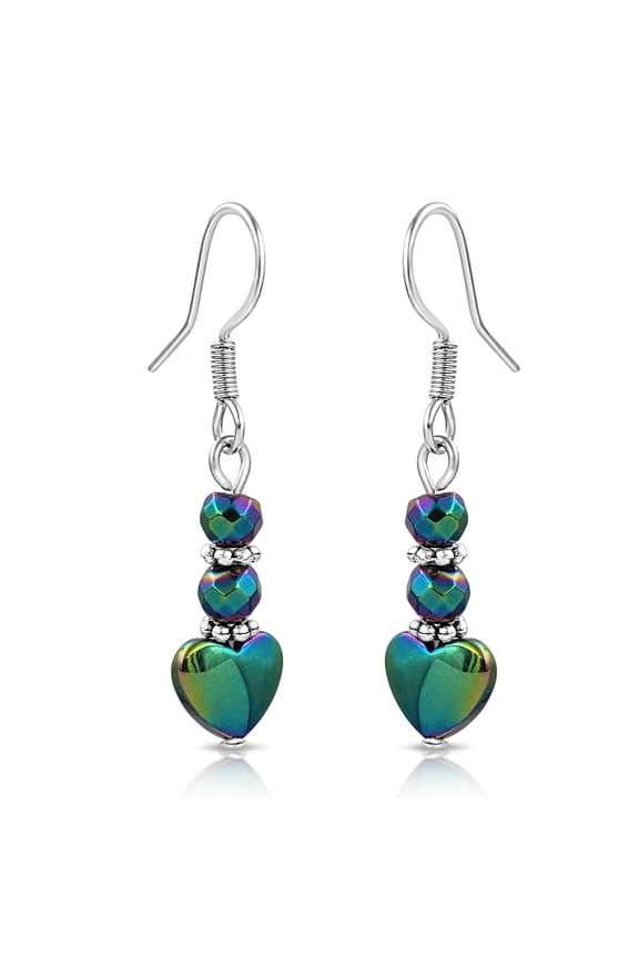 Handmade Rainbow Hematite & Sterling Silver Heart Drop Earrings