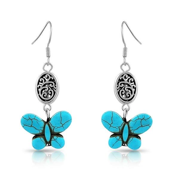 Besheek Handmade Silvertone & Turquoise Butterfly Filigree Dangle Earrings