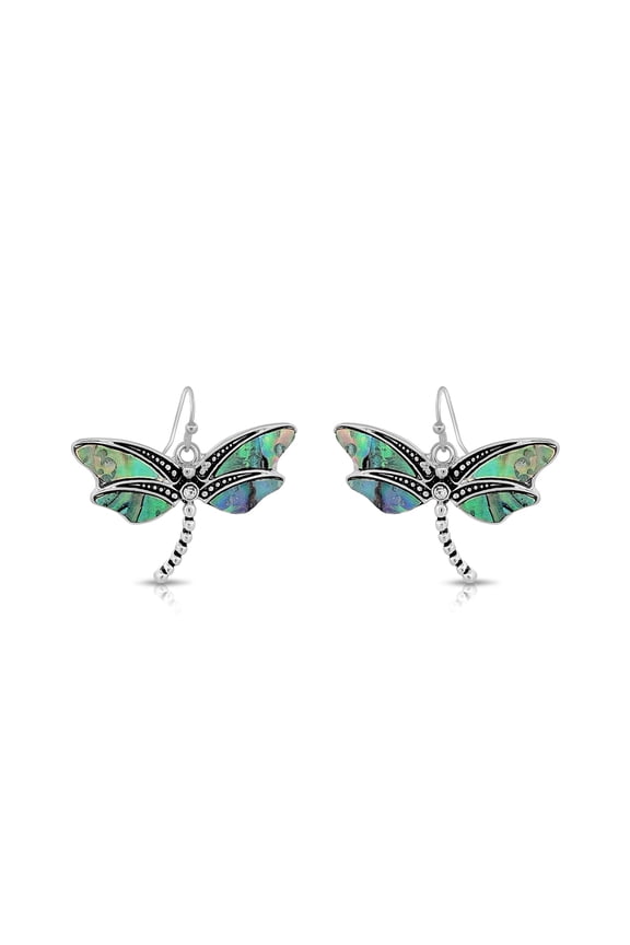 Handmade Silvertone and Abalone Dragonfly Boho Chic Dangle Earrings