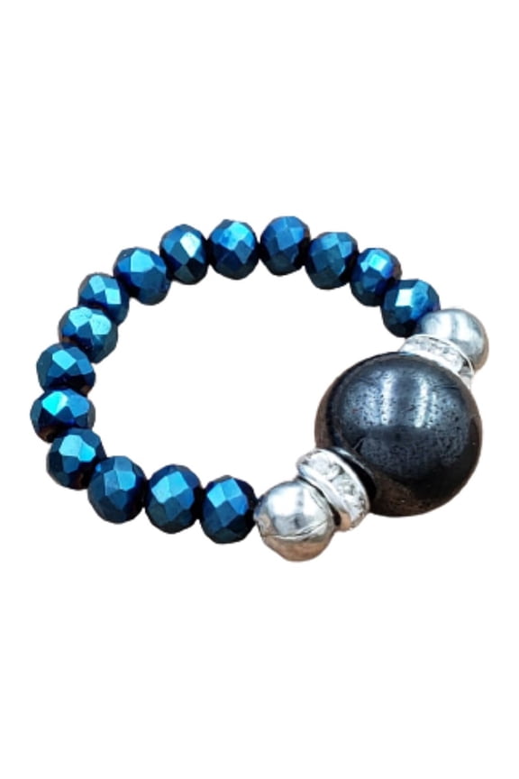 Hematite and Luster Blue Crystal Stretch Toe Ring