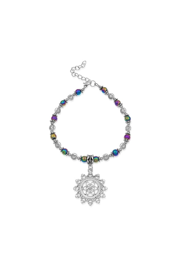 Mandala Flower Round Rainbow Hematite Stone & Hearts Adjustable Anklet