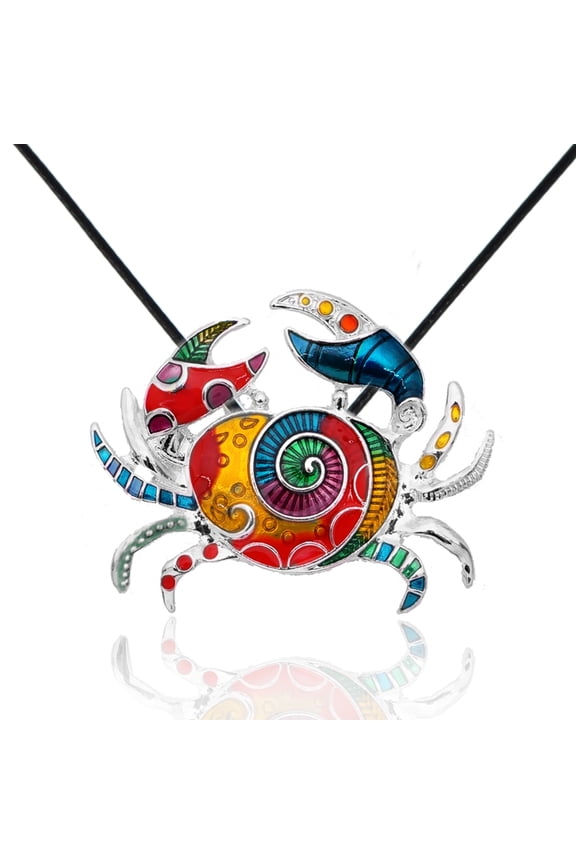 Mosaic Silvertone Rainbow Crab Boho Beach Style Pendant Necklace