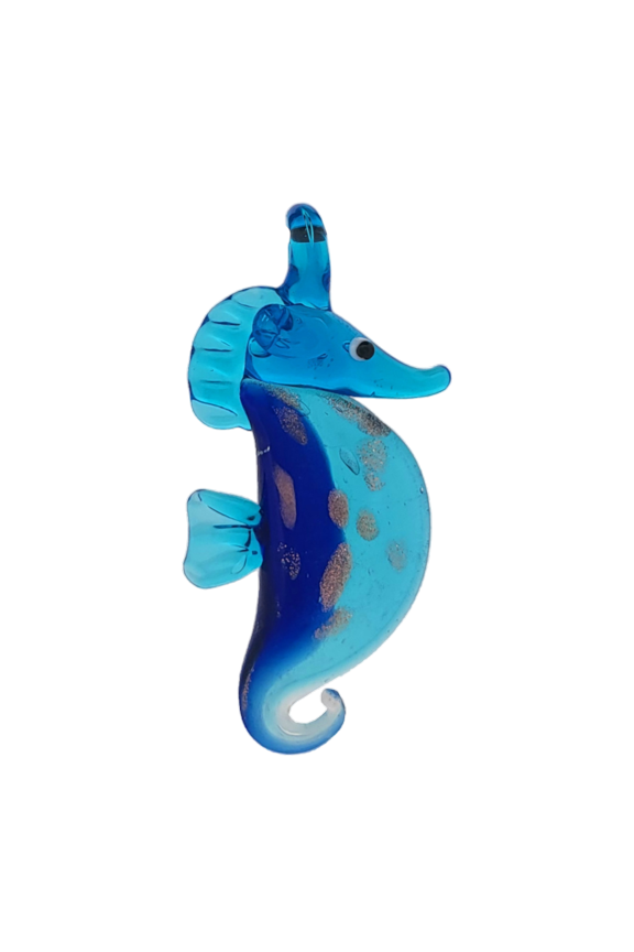 Murano Inspired Blown Glass Lampwork Art Blue Seahorse Pendant