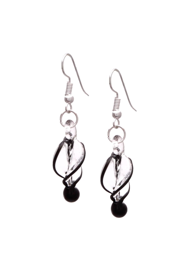 Murano Style Sterling Silver Black Tornado Twirl Boho Glass Earring