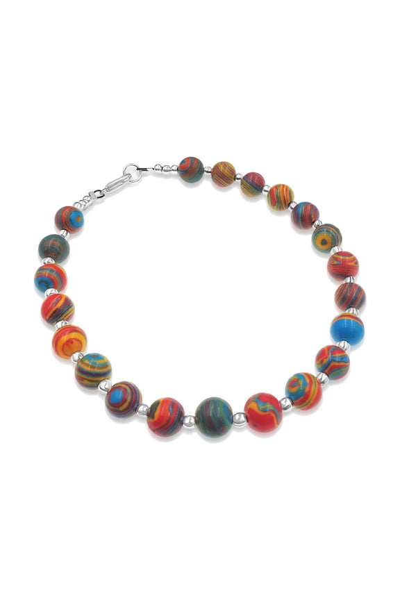 Rainbow Calsilica Stone & Silvertone Beaded Adjustable Anklet