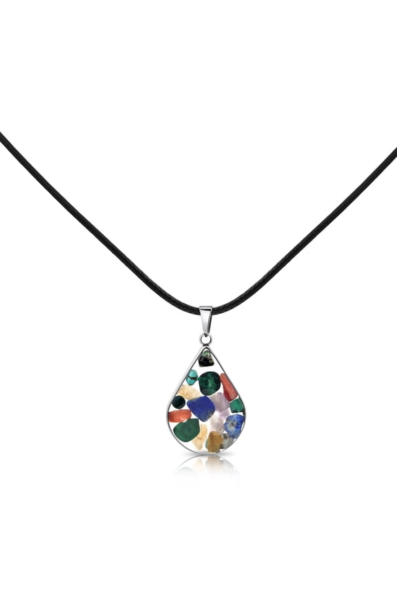 Rainbow Gemstone Captured in Resin Teardrop Pendant Necklace