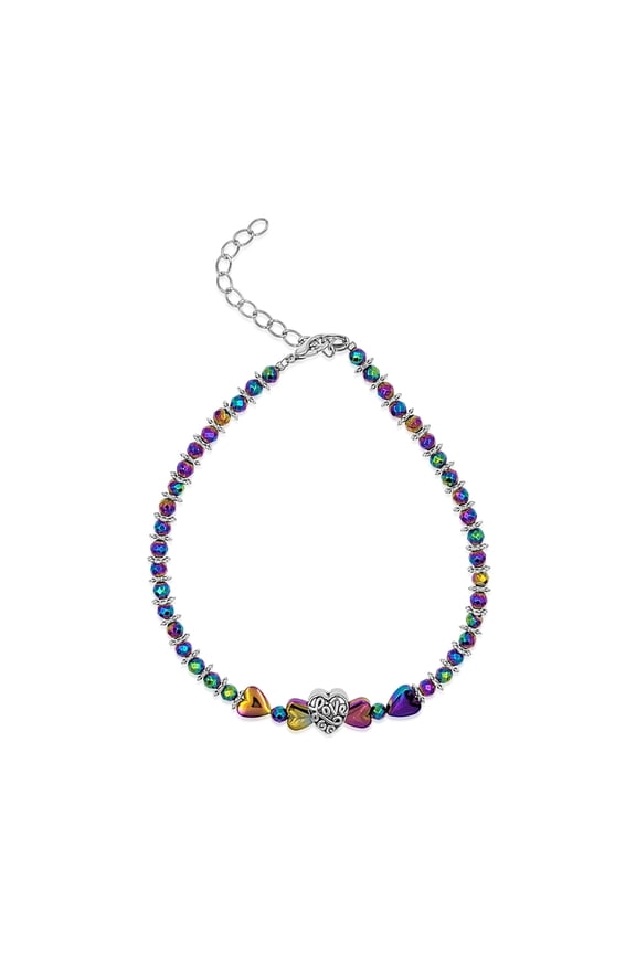 Rainbow Hematite and Crystal Glass Love Heart Adjustable Anklet