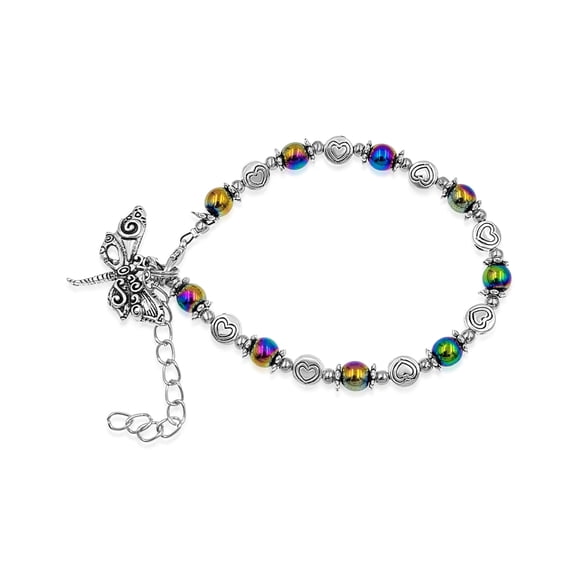 Besheek Rainbow Hematite and Hearts Beaded Steampunk Dragonfly Bracelet