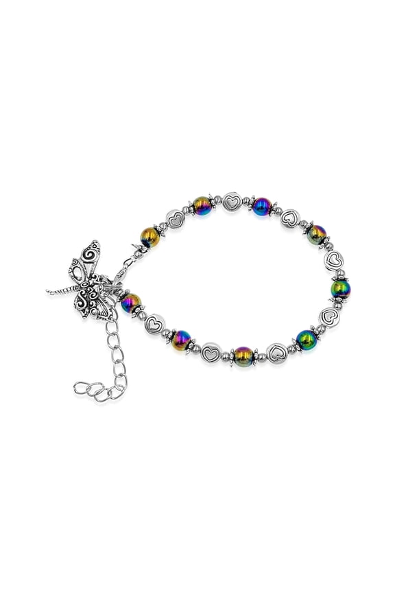Rainbow Hematite and Hearts Beaded Steampunk Dragonfly Bracelet