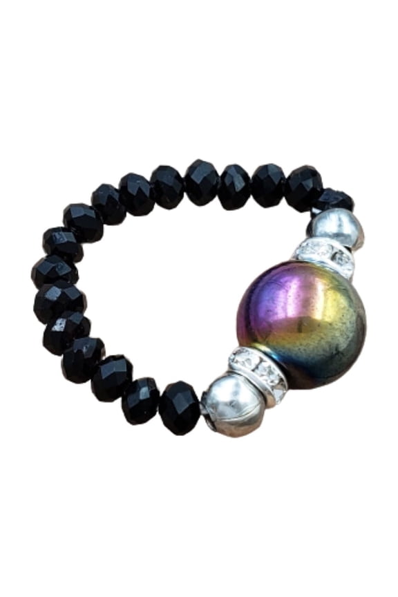 Rainbow Hematite and Jet Black Crystal Stretch Toe Ring