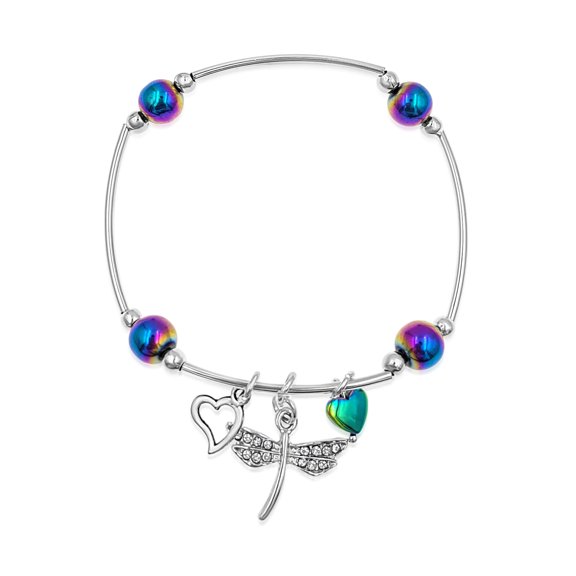 Besheek Rainbow Hematite and Rhinestone Dragonfly Tube Stretch Bracelet