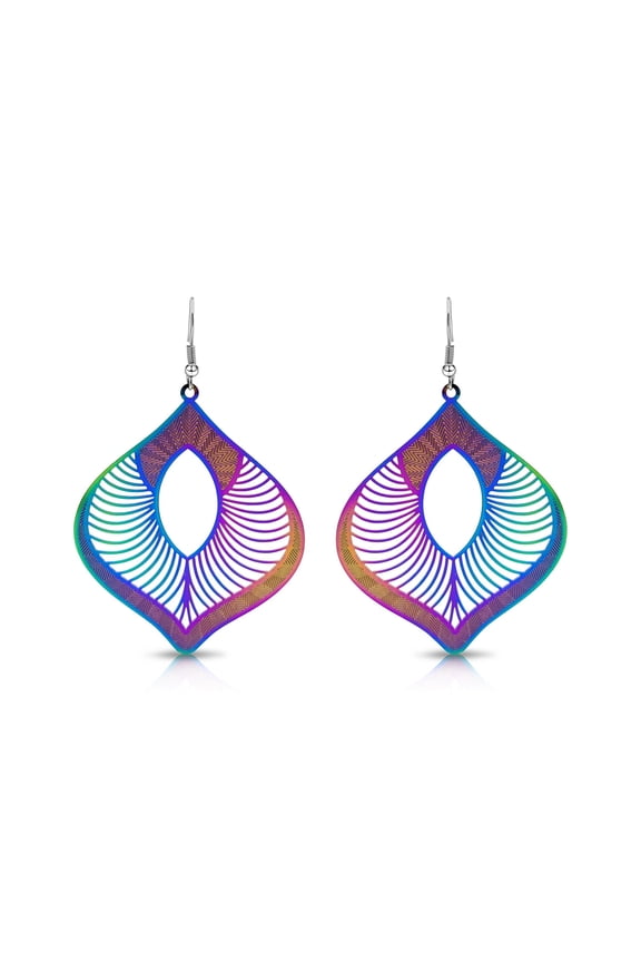 Rainbow Stainless Steel Tropical Fan Marquis Boho Chic Earrings