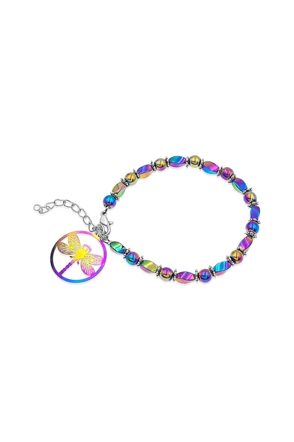 Rainbow Stainless Steel and Hematite Beaded Dragonfly Bracelet