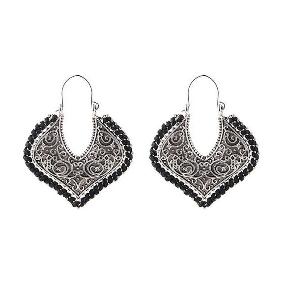 Besheek Silvertone Black Boho Filigree Latch Key Marquis Earrings
