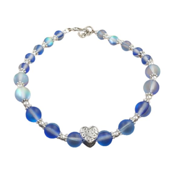 Besheek Silvertone & Blue AB frosted Mermaid Glass "love" Heart Beaded Bracelet