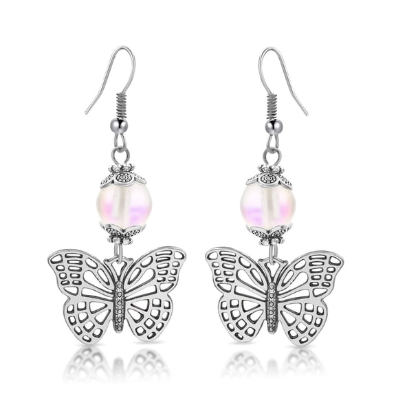 Besheek Silvertone Butterfly with Frosted Mermaid Clear Beaded Earrings