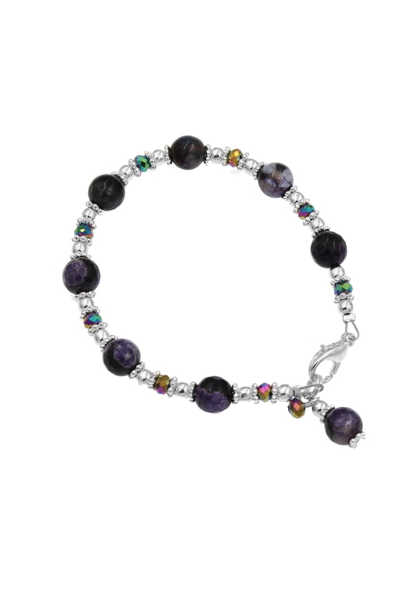 Silvertone & Crystal Purple and Black Calsilica Bali Style Beaded Bracelet