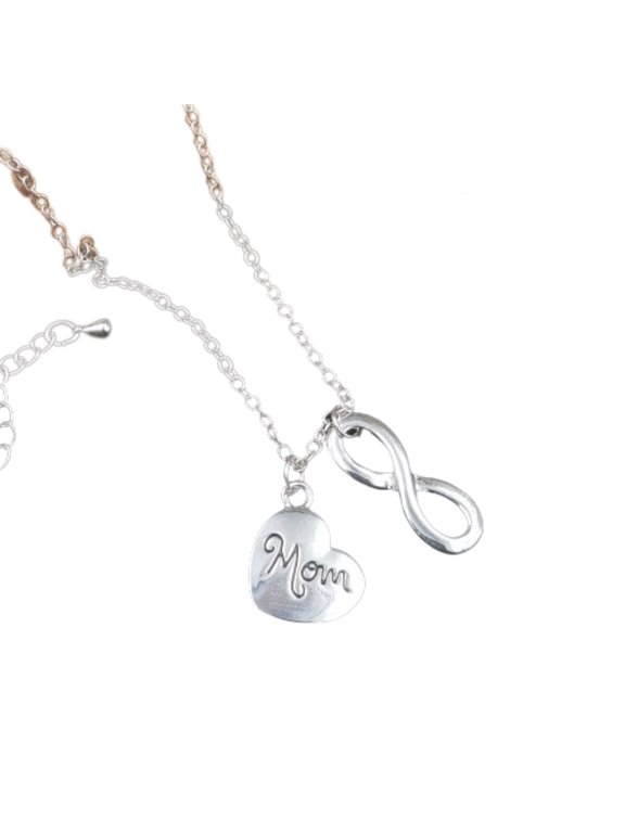 Silvertone Mom Infinite and Heart Double Charm Pendant Necklace
