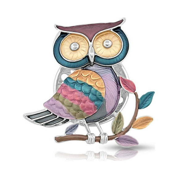 Besheek Silvertone Multi-color Owl Magnetic Brooch