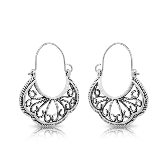 Besheek Silvertone Ornate Filigree Swirl Boho Beach Style Latch Earrings