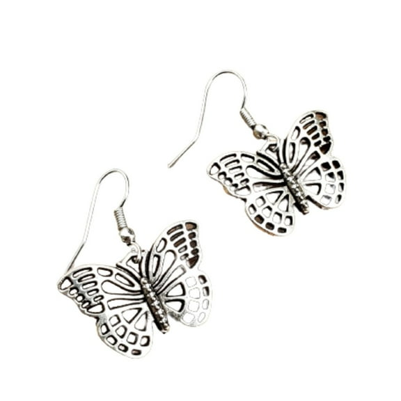 Besheek Silvertone Outline Cut Out Butterfly Boho Style Dangle Earrings