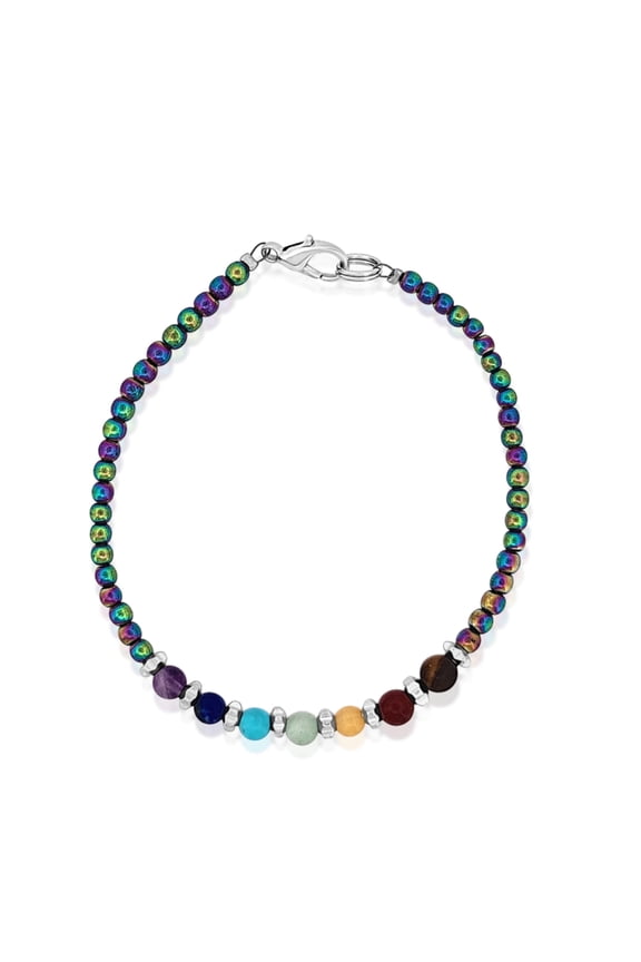 Silvertone Rainbow Hematite Chakra Beaded Adjustable Bracelet