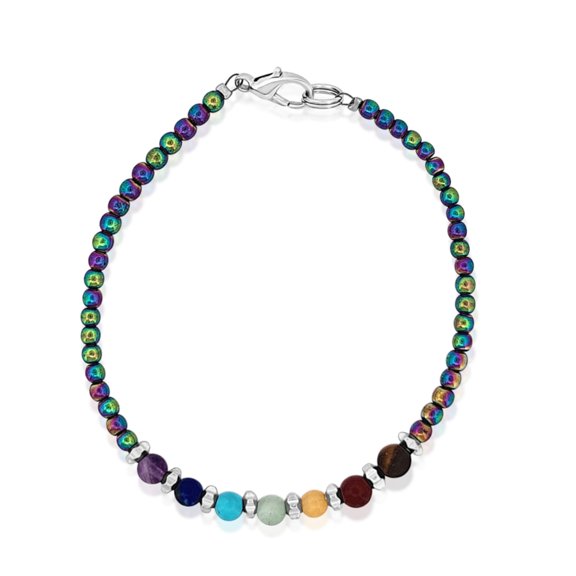 Besheek Silvertone Rainbow Hematite Chakra Beaded Adjustable Bracelet