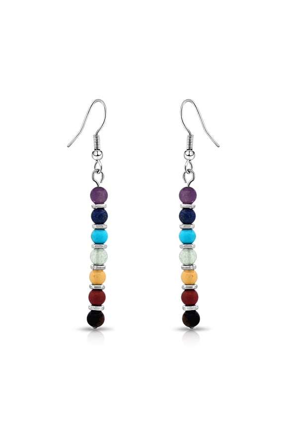 Silvertone Rainbow Hematite Chakra Beaded Boho Chic Dangle Earrings